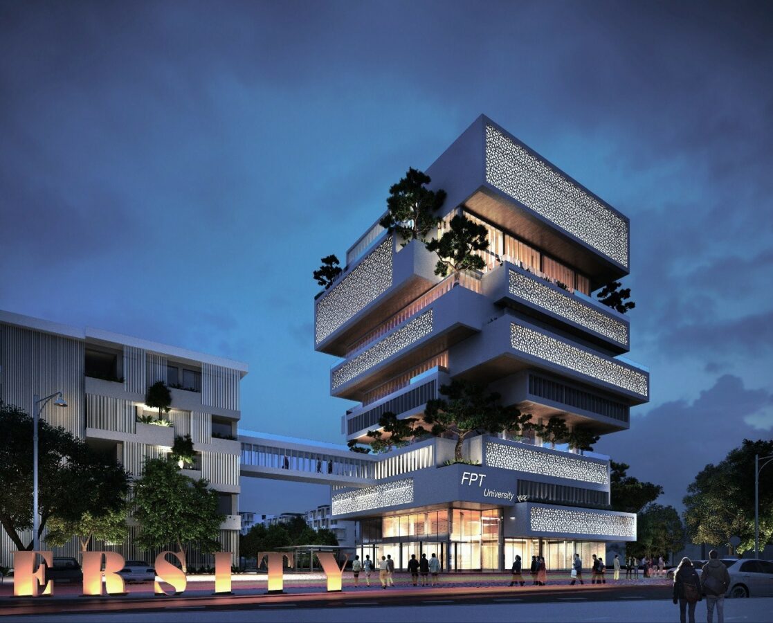 Bản vẽ 3D mô phỏng tòa nhà Alpha 13 tầng tại Campus Đà Nẵng dự kiến đưa vào sử dụng trong năm 2023
